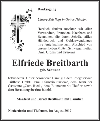 Traueranzeige von Elfriede Breitbarth von Thüringer Allgemeine, Thüringische Landeszeitung