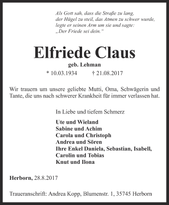 Traueranzeige von Elfriede Claus von Ostthüringer Zeitung