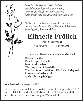 Traueranzeige von Elfriede Frölich von Ostthüringer Zeitung, Thüringische Landeszeitung