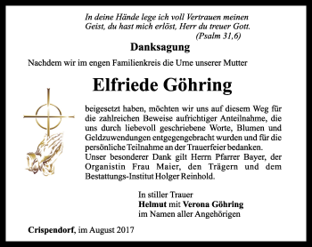 Traueranzeige von Elfriede Göhring von Ostthüringer Zeitung