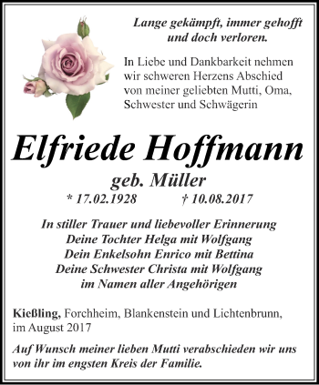 Traueranzeige von Elfriede Hoffmann von Ostthüringer Zeitung