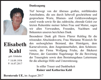 Traueranzeige von Elisabeth Kahl von Thüringer Allgemeine