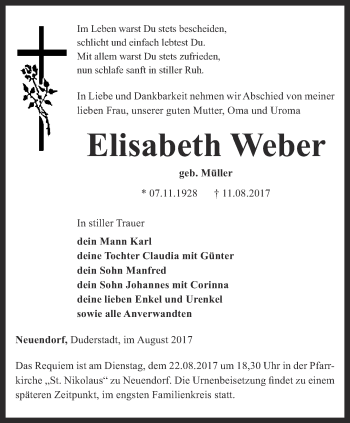 Traueranzeige von Elisabeth Weber von Thüringer Allgemeine