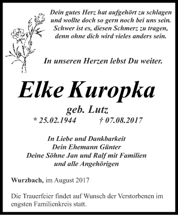 Traueranzeige von Elke Kuropka von Ostthüringer Zeitung