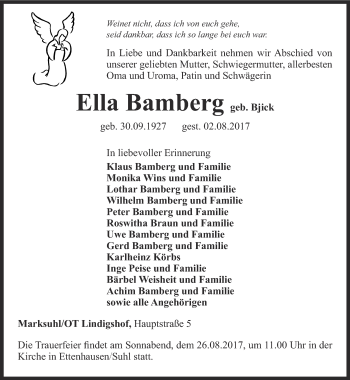 Traueranzeige von Ella Bamberg von Thüringer Allgemeine, Thüringische Landeszeitung