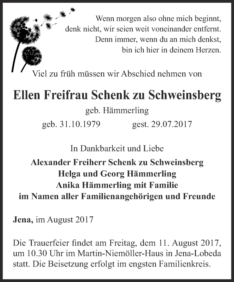  Traueranzeige für Ellen Freifrau Schenk zu Schweinsberg vom 05.08.2017 aus Ostthüringer Zeitung, Thüringische Landeszeitung