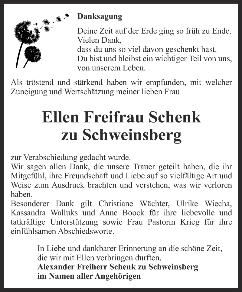 Traueranzeige für Ellen Freifrau Schenk zu Schweinsberg vom 19.08.2017 aus Ostthüringer Zeitung, Thüringische Landeszeitung