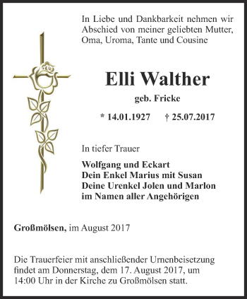 Traueranzeige von Elli Walther von Thüringer Allgemeine, Thüringische Landeszeitung