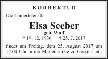 Traueranzeige von Elsa Seeber von Thüringer Allgemeine