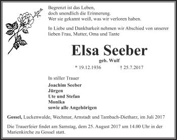 Traueranzeige von Elsa Seeber von Thüringer Allgemeine