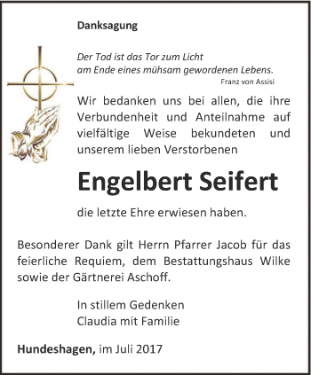 Traueranzeige von Engelbert Seifert von Thüringer Allgemeine