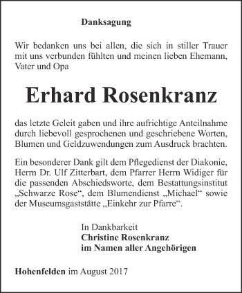 Traueranzeige von Erhard Rosenkranz von Thüringer Allgemeine, Thüringische Landeszeitung