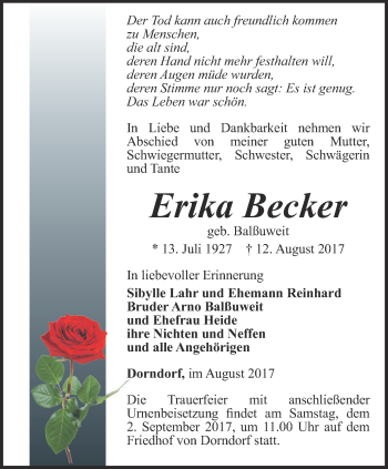 Traueranzeige von Erika Becker von Ostthüringer Zeitung, Thüringische Landeszeitung