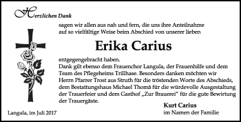 Traueranzeige von Erika Carius von Thüringer Allgemeine, Thüringische Landeszeitung