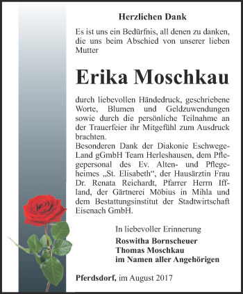 Traueranzeige von Erika Moschkau von Thüringer Allgemeine, Thüringische Landeszeitung