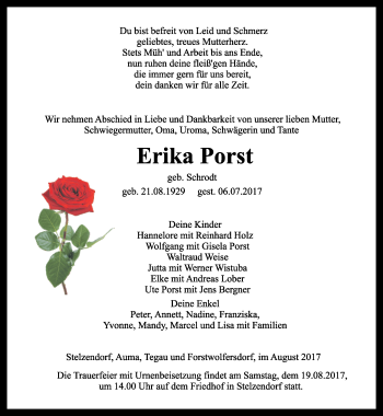 Traueranzeige von Erika Porst von Ostthüringer Zeitung