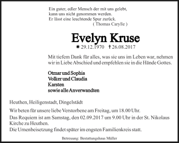 Traueranzeige von Evelyn Kruse von Thüringer Allgemeine