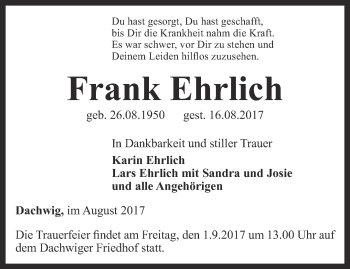 Traueranzeige von Frank Ehrlich von Thüringer Allgemeine, Thüringische Landeszeitung