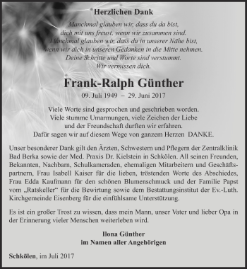 Traueranzeige von Frank-Ralph Günther von Ostthüringer Zeitung