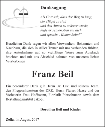 Traueranzeige von Franz Beil von Thüringer Allgemeine, Thüringische Landeszeitung