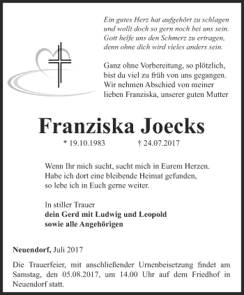 Traueranzeige von Franziska Joecks von Thüringer Allgemeine