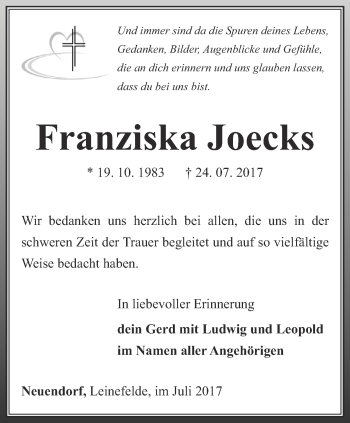 Traueranzeige von Franziska Joecks von Thüringer Allgemeine