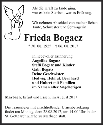 Traueranzeige von Frieda Bogacz von Thüringer Allgemeine, Thüringische Landeszeitung