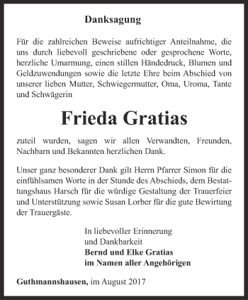 Traueranzeige von Frieda Gratias von Thüringer Allgemeine