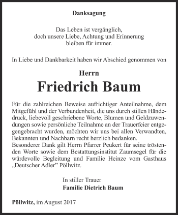 Traueranzeige von Friedrich Baum von Ostthüringer Zeitung