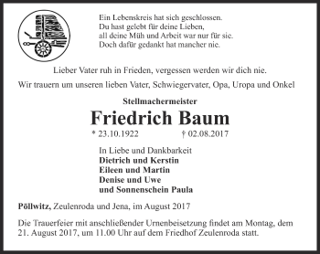 Traueranzeige von Friedrich Baum von Ostthüringer Zeitung