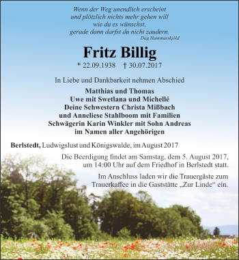 Traueranzeige von Fritz Billig von Thüringer Allgemeine, Thüringische Landeszeitung