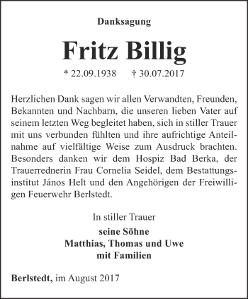 Traueranzeige von Fritz Billig von Thüringer Allgemeine, Thüringische Landeszeitung