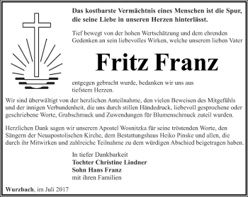 Traueranzeige von Fritz Franz von Ostthüringer Zeitung