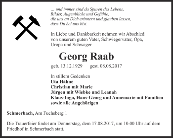 Traueranzeige von Georg Raab von Ostthüringer Zeitung, Thüringische Landeszeitung