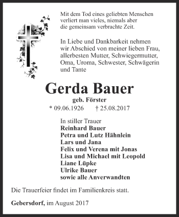 Traueranzeige von Gerda Bauer von Ostthüringer Zeitung