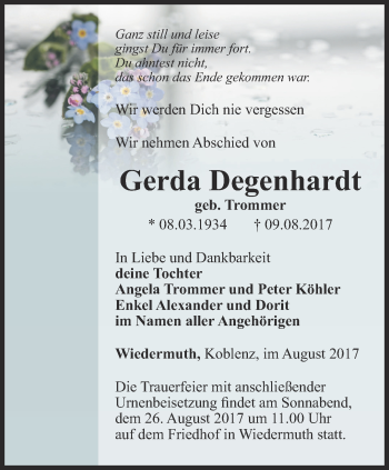 Traueranzeige von Gerda Degenhardt von Thüringer Allgemeine