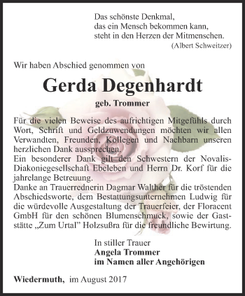 Traueranzeige von Gerda Degenhardt von Thüringer Allgemeine