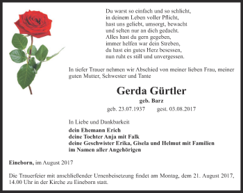 Traueranzeige von Gerda Gürtler von Ostthüringer Zeitung