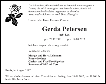 Traueranzeige von Gerda Petersen von Thüringer Allgemeine, Thüringische Landeszeitung