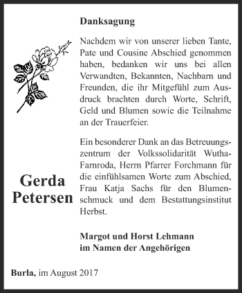Traueranzeige von Gerda Petersen von Thüringer Allgemeine, Thüringische Landeszeitung