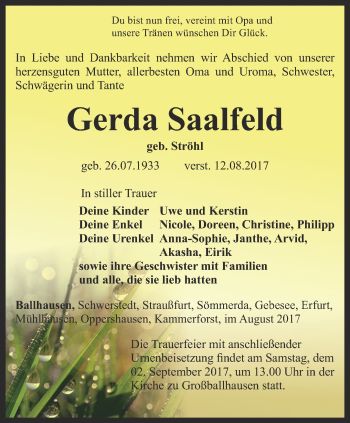 Traueranzeige von Gerda Saalfeld von Thüringer Allgemeine, Thüringische Landeszeitung