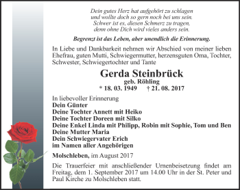 Traueranzeige von Gerda Steinbrück von Ostthüringer Zeitung, Thüringische Landeszeitung