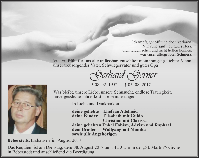  Traueranzeige für Gerhard Gerner vom 07.08.2017 aus Thüringer Allgemeine