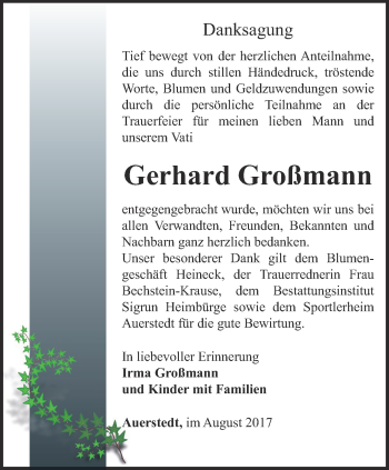 Traueranzeige von Gerhard Großmann von Thüringer Allgemeine, Thüringische Landeszeitung