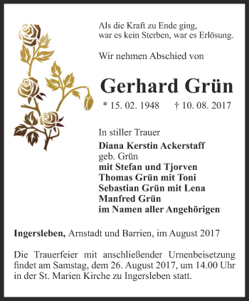 Traueranzeige von Gerhard Grün von Ostthüringer Zeitung, Thüringische Landeszeitung