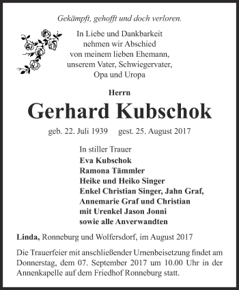 Traueranzeige von Gerhard Kubschok von Ostthüringer Zeitung