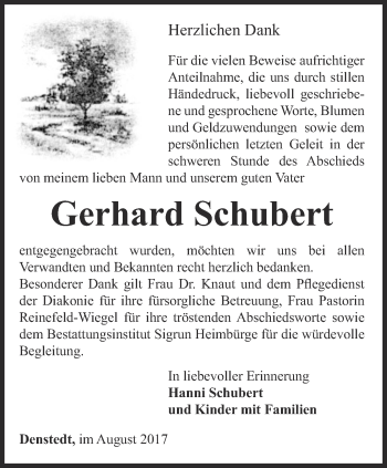 Traueranzeige von Gerhard Schubert von Thüringer Allgemeine, Thüringische Landeszeitung