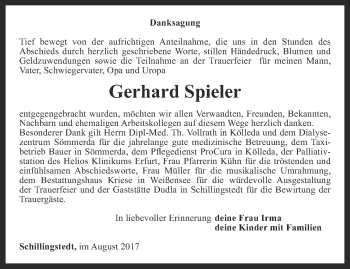 Traueranzeige von Gerhard Spieler von Thüringer Allgemeine