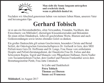 Traueranzeige von Gerhard Tobisch von Ostthüringer Zeitung