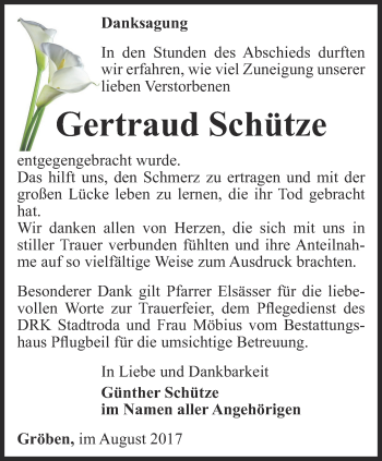 Traueranzeige von Gertraud Schütze von Ostthüringer Zeitung